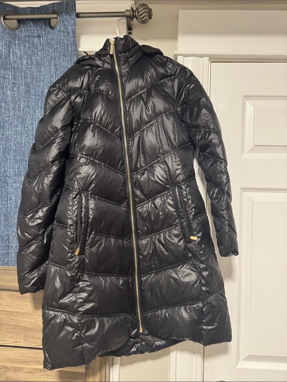 Michael Kors Black Quilted Long Puffer Coat with Hood